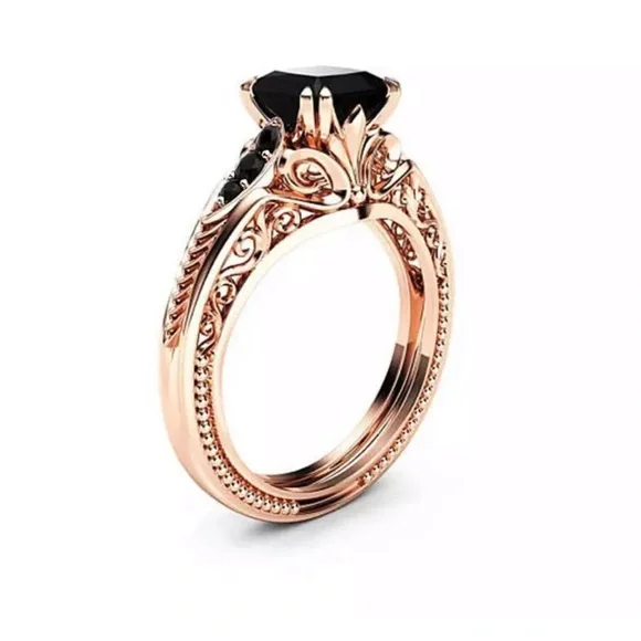 New Rose Gold 925 Sterling Silver Black Princess Cut Zircon Ring - Picture 4 of 5